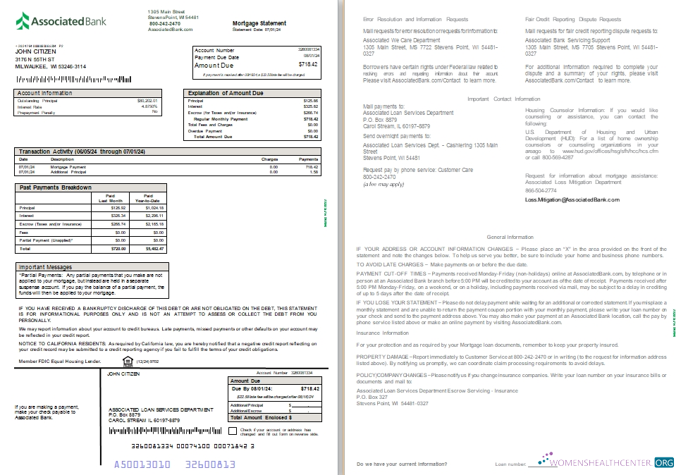 Download USA Associated bank mortgage statement, 2 pages SCR Photoshop template